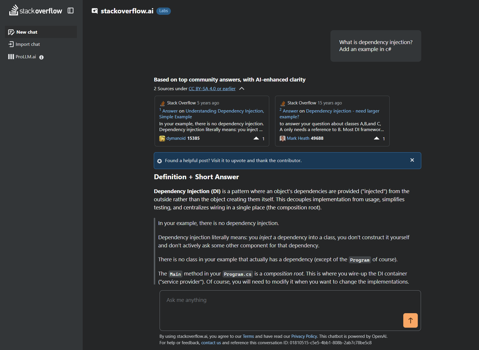 Screenshot of the Stack Overflow Labs interface, explaining the concept of Dependency Injection (DI) in response to a user query. The answer provides a concise definition and short explanation based on two Stack Overflow sources, with AI-enhanced clarity.